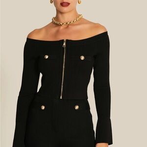 ALI & DERECK Gold Buttoned Cuff Zipper Detailed Black Off-Shoulder Zip-Up Top